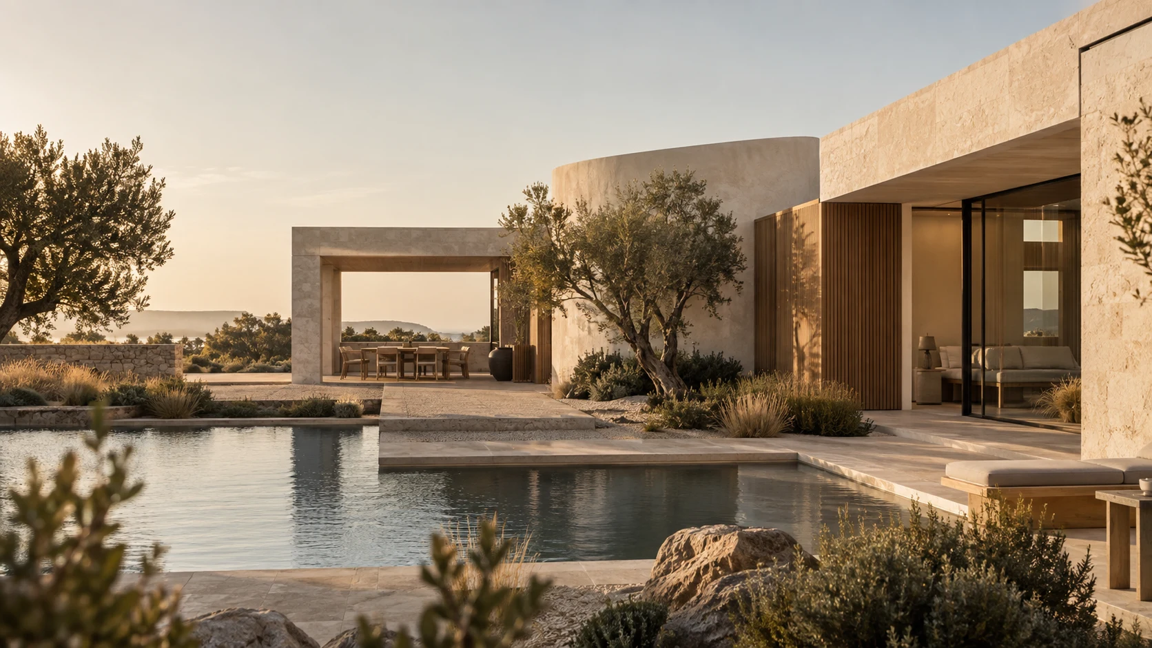 Casa mediterránea de piedra clara y madera frente a una lámina de agua