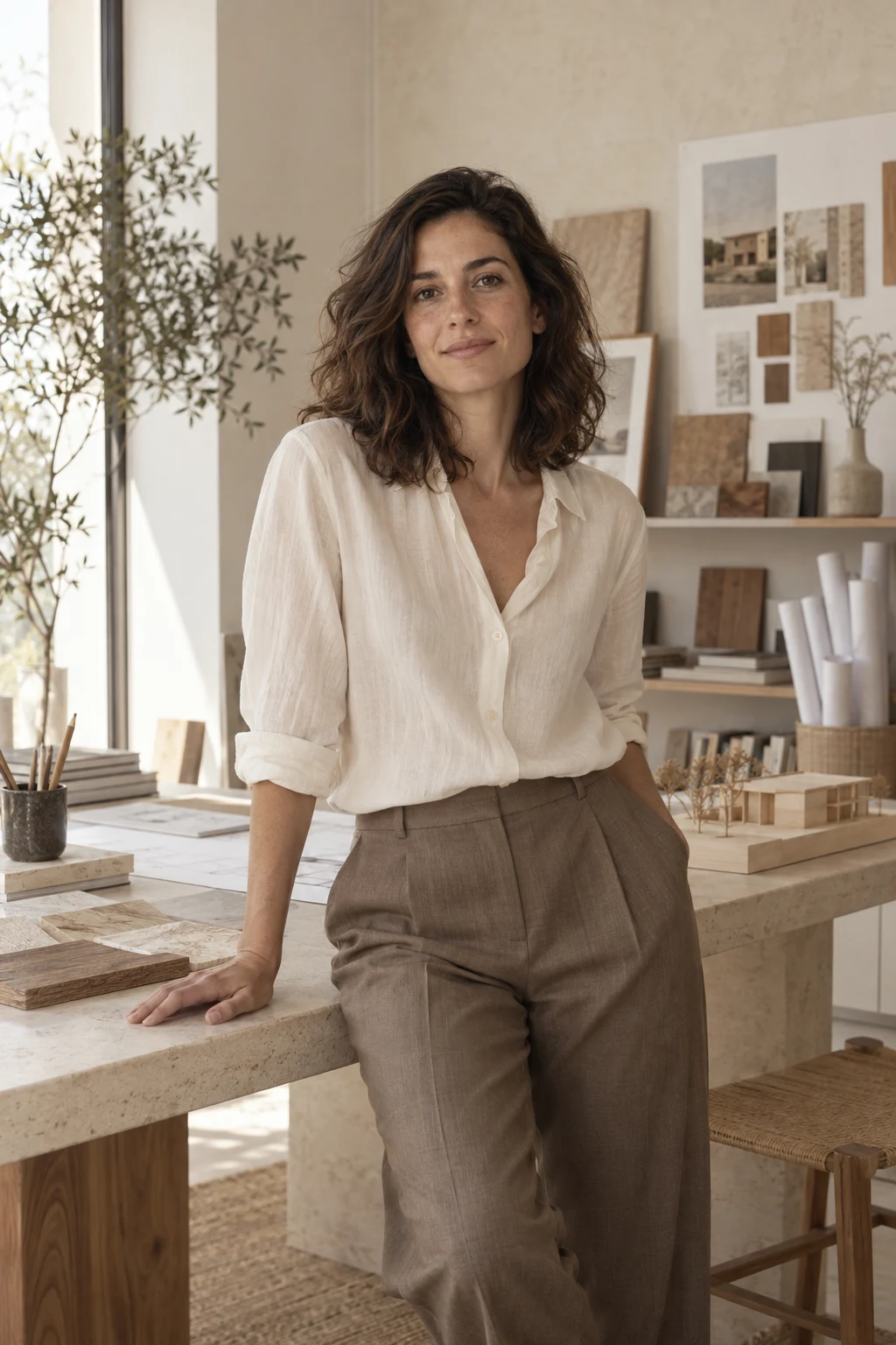 Elena Maralba en un estudio de arquitectura de tonos cálidos